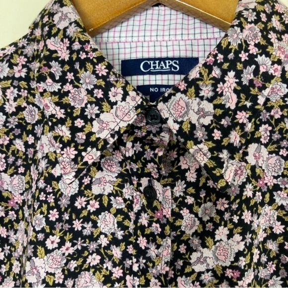 Chaps No Iron Button Down Shirt Black/Pink Ditsy Floral Contrasting Cuffs M - Picture 12 of 15